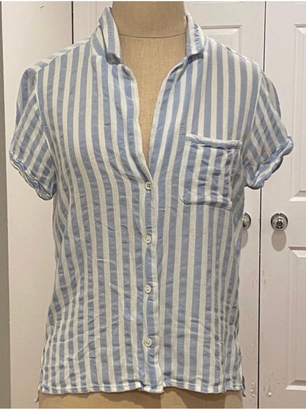 PAIGE Light Blue and White Striped Button Down Shirt